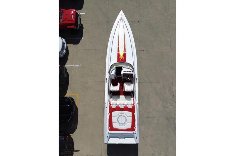 Slide: The Image of Aerial view of 2007 Fountain 35 Lightning speedboat with red and white design. - 35