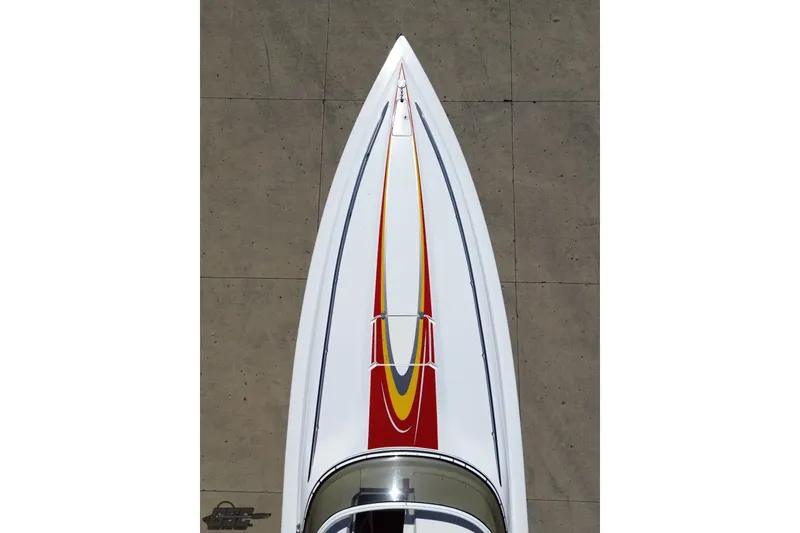 Slide: The Image of Top view of 2007 Fountain 35 Lightning boat with colorful stripes on deck. - 36