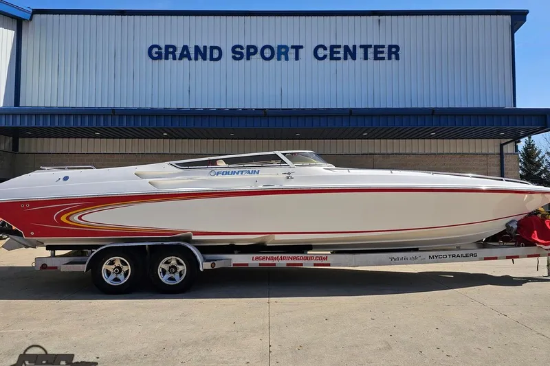 Slide: The Image of 2007 Fountain 35 Lightning boat on trailer at Grand Sport Center. - 4