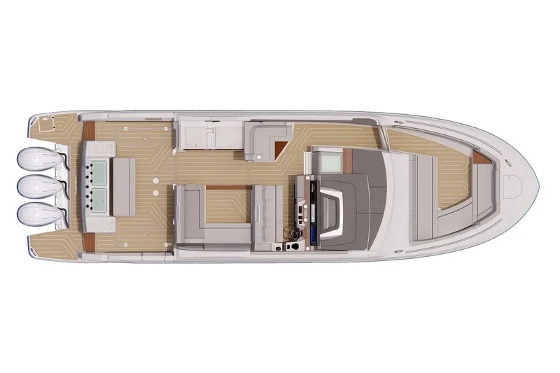 Slide: The Image of Manufacturer Provided Image: Top view of 2025 Regal LX43 yacht layout with triple engines and spacious deck. - 58