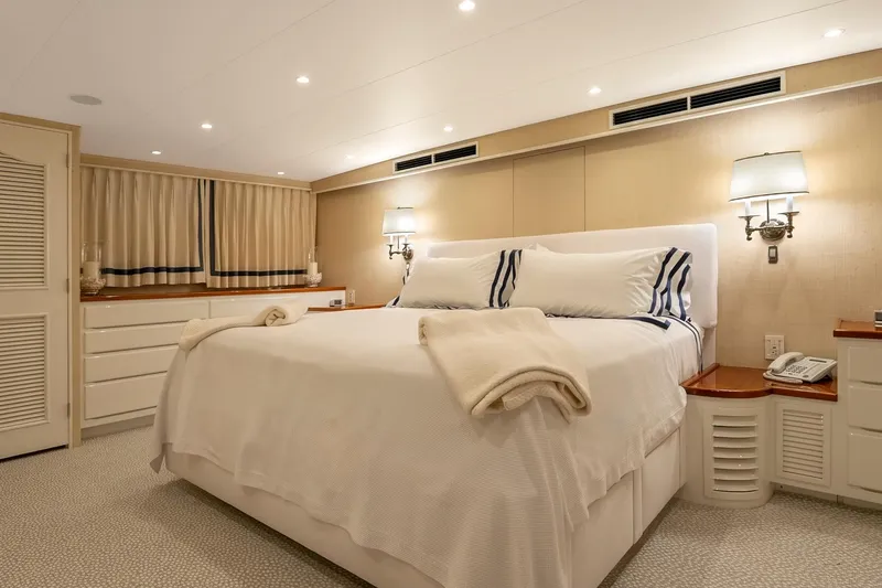 Slide: The Image of Luxurious yacht bedroom with elegant decor, soft lighting, and comfortable bedding, aboard a 1978 Burger Custom. - 19