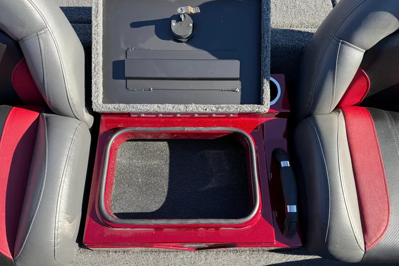 Slide: The Image of 2026 Vexus AVX1980 boat interior with red and gray seating and storage compartment. - 11