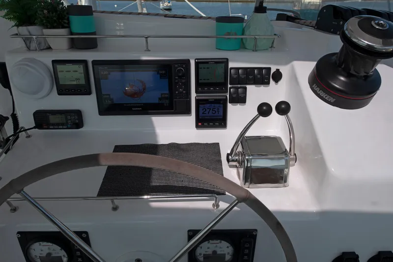 Slide: The Image of Helm of 2021 Celtic Yachts 40 with navigation instruments and controls. - 35