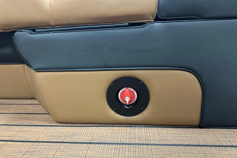 Slide: The Image of 2025 Bentley Pontoons Elite 253 Admiral interior detail with tan and black upholstery. - 31