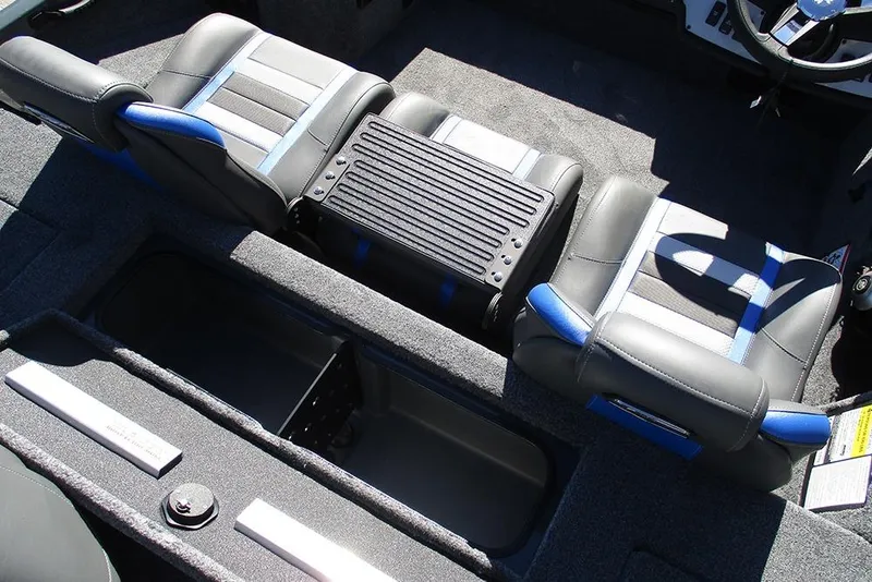 Slide: The Image of 2026 Ranger RT178 boat interior with blue and gray seating and carpeted flooring. - 23