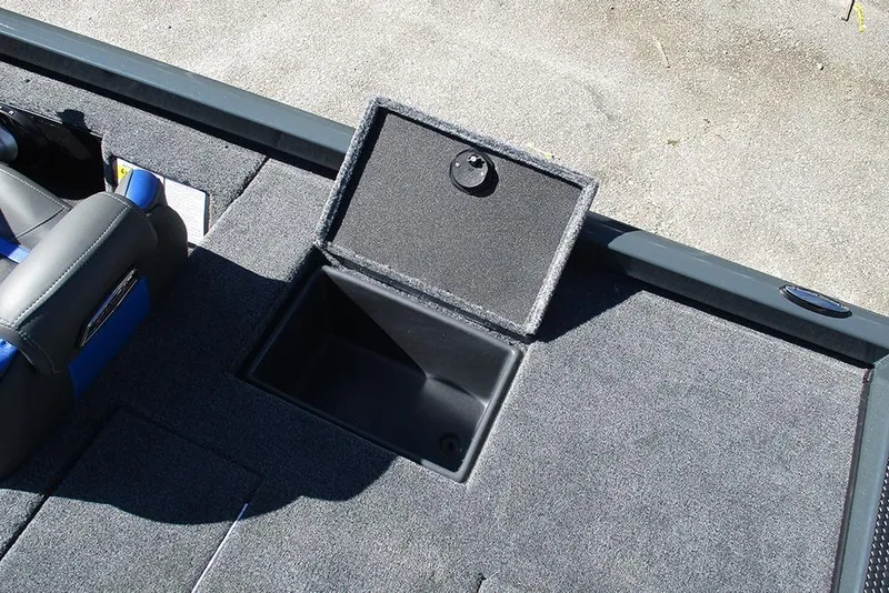 Slide: The Image of 2026 Ranger RT178 boat interior with gray carpet and blue-accented seat. - 25