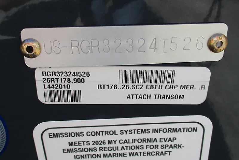 Slide: The Image of 2026 Ranger RT178 transom label with emissions control information. - 33