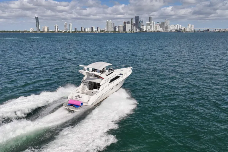 The Image of 2000 Sea Ray 450 Express Bridge yacht cruising on clear blue waters. - 0