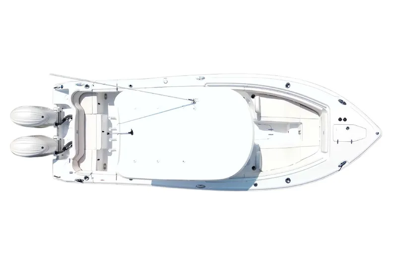 Slide: The Image of 2026 Sea Hunt Ultra 265 SE boat on stands, light blue hull, outdoor display. - 62