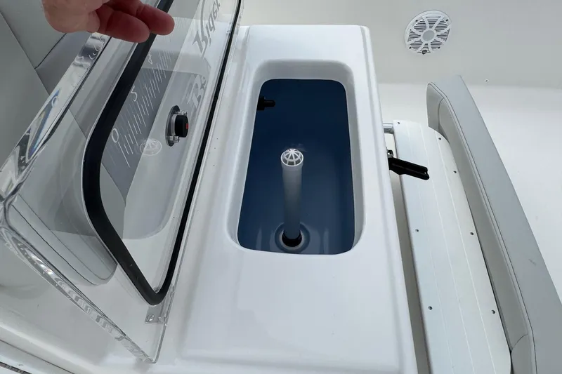 Slide: The Image of Bay Rider 2060 boat livewell compartment, 2025 model, with open lid and visible interior. - 9