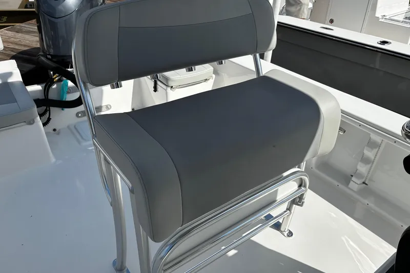Slide: The Image of Bay Rider 2260 boat seat, 2026 model, featuring gray upholstery and stainless steel frame. - 9