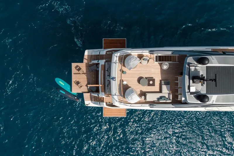 Slide: The Image of Aerial view of 2022 Sanlorenzo SL 120A yacht on blue ocean water. - 4
