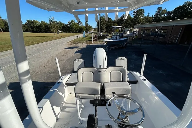 Slide: The Image of 2026 Sea Pro 202 Center Console boat, rear view, parked outdoors on a sunny day. - 20