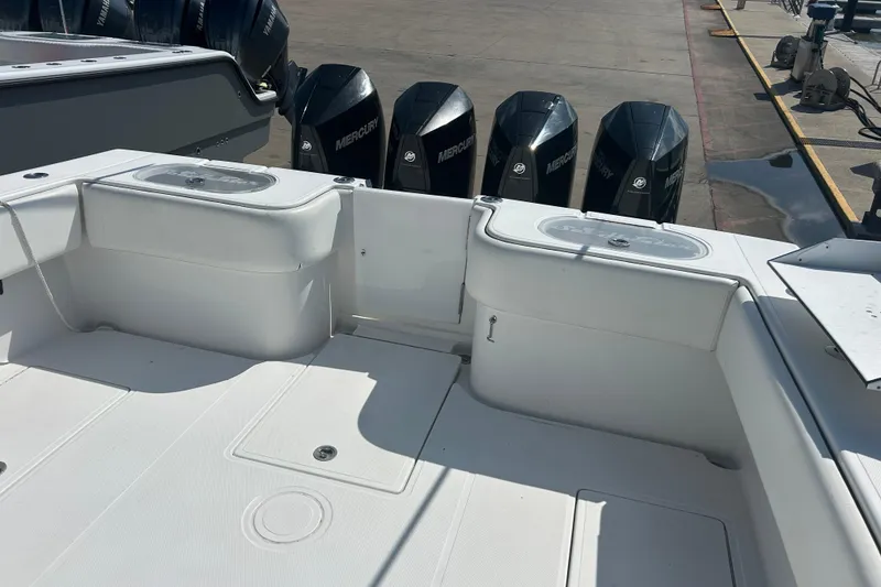 Slide: The Image of 2016 SeaHunter 39 Tournament boat deck with multiple Mercury outboard engines. - 15