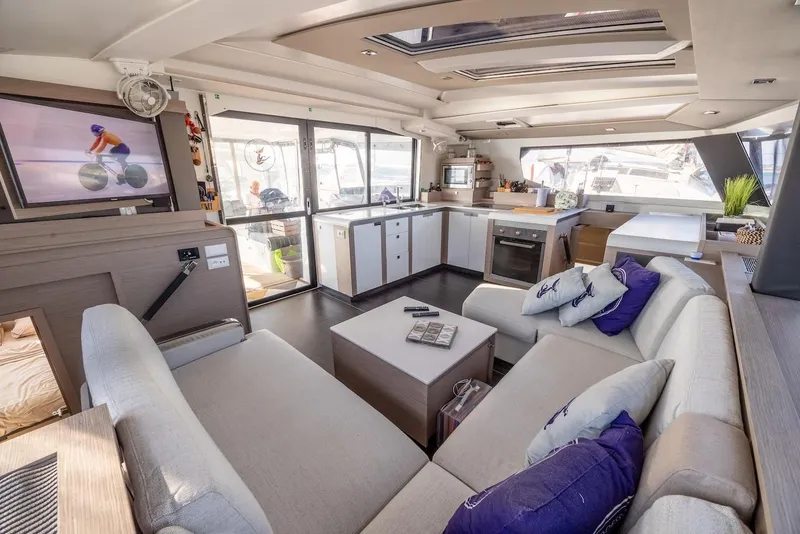 Slide: The Image of Luxurious interior of 2023 Fountaine Pajot Tanna 47 yacht with modern seating and decor. - 22
