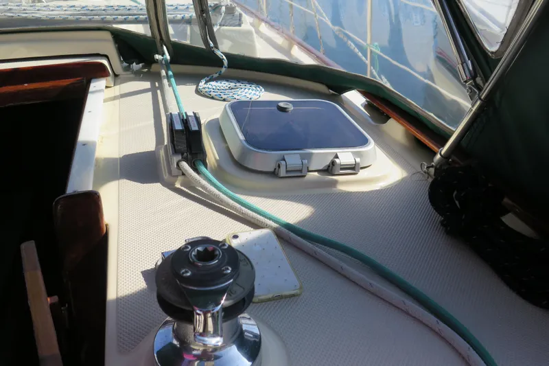 Slide: The Image of Deck view of a 1990 Island Packet 35 sailboat with rigging details. - 29