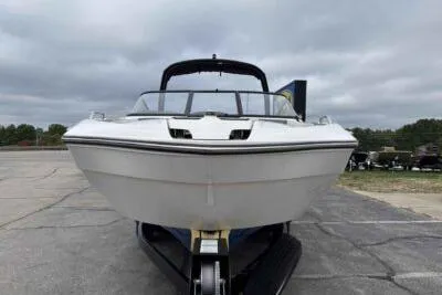 Slide: The Image of 2018 Yamaha Boats AR240 on trailer, front view, overcast sky. - 2