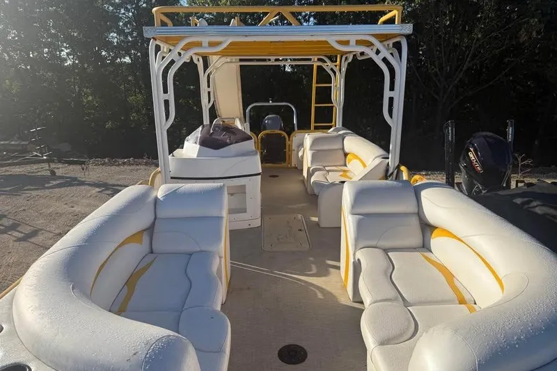 Slide: The Image of 2022 Aloha Pontoon Tropical 260 with spacious seating and modern design. - 10