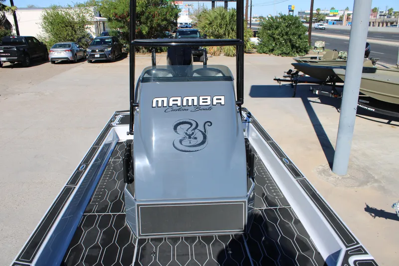 Slide: The Image of 2025 Mamba 24 Cat Elite boat with custom design and logo, parked outdoors. - 10