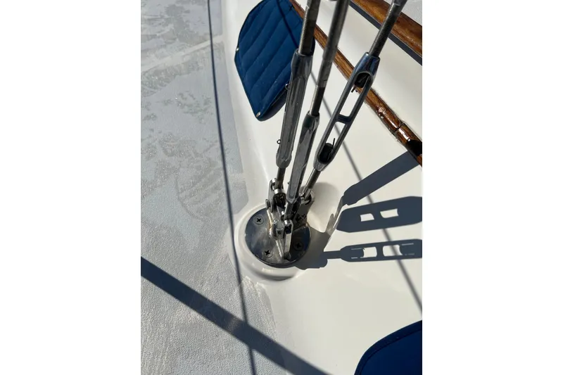 Slide: The Image of Close-up of rigging on a 1990 Hunter Legend 35.5 sailboat deck. - 14