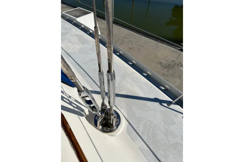 Slide: The Image of Close-up of rigging on a 1990 Hunter Legend 35.5 sailboat deck. - 15