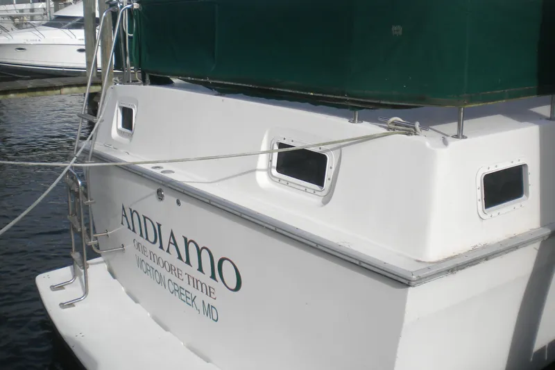 Slide: The Image of 1988 Mainship 40 Double Cabin boat docked, featuring green canopy and "Andiamo" lettering. - 51