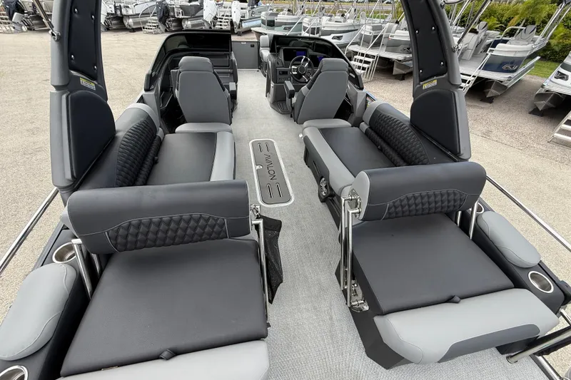 Slide: The Image of 2026 Avalon 2585 Excalibur LTD boat interior with luxurious seating and modern design. - 11