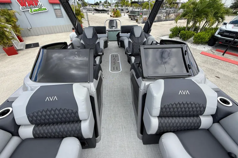 Slide: The Image of 2026 Avalon 2585 Excalibur LTD boat interior with luxurious seating and modern design. - 16