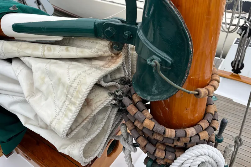 Slide: The Image of Close-up of 1947 Murray Peterson Schooner rigging and sail details. - 113