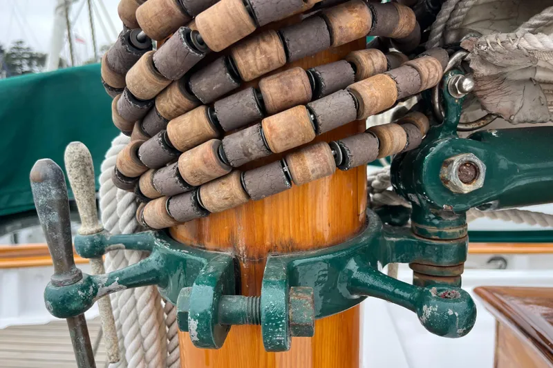Slide: The Image of Close-up of 1947 Murray Peterson Schooner rigging and wooden mast details. - 134