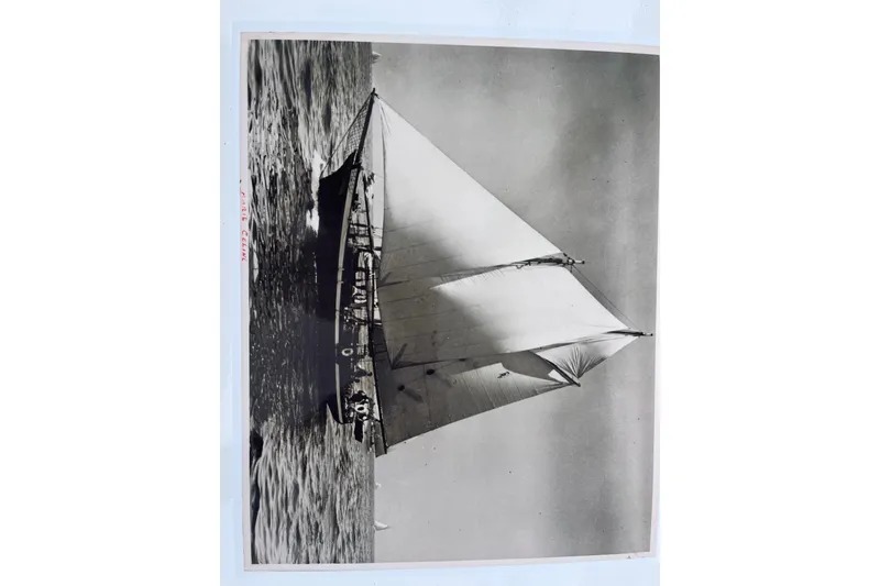Slide: The Image of Vintage 1947 Murray Peterson Schooner sailing on open water, black and white photograph. - 141