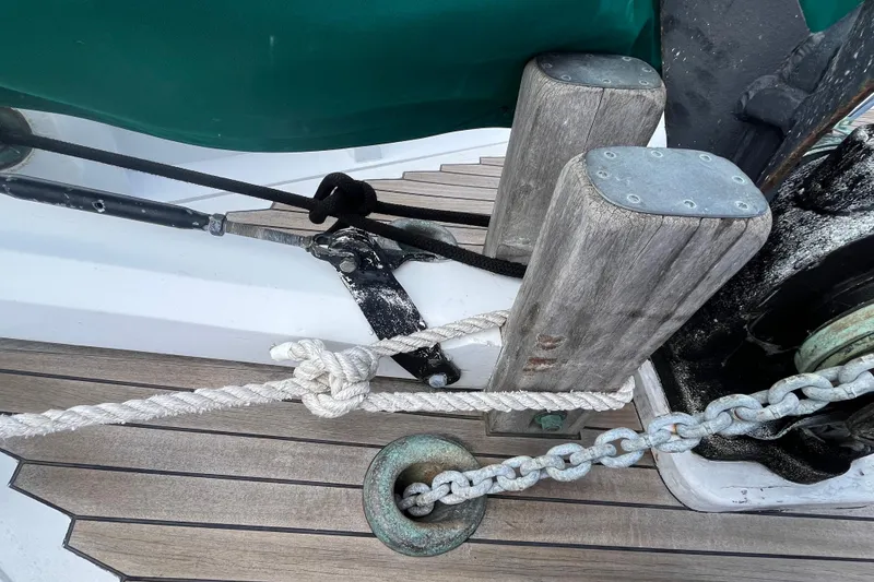 Slide: The Image of Deck of 1947 Murray Peterson Schooner with ropes and chains. - 19