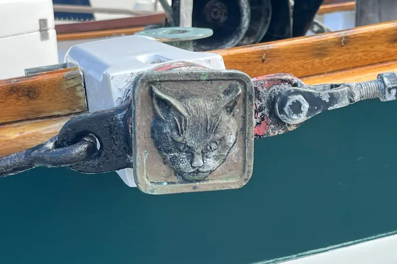 Slide: The Image of Decorative cat face detail on 1947 Murray Peterson Schooner rigging. - 7