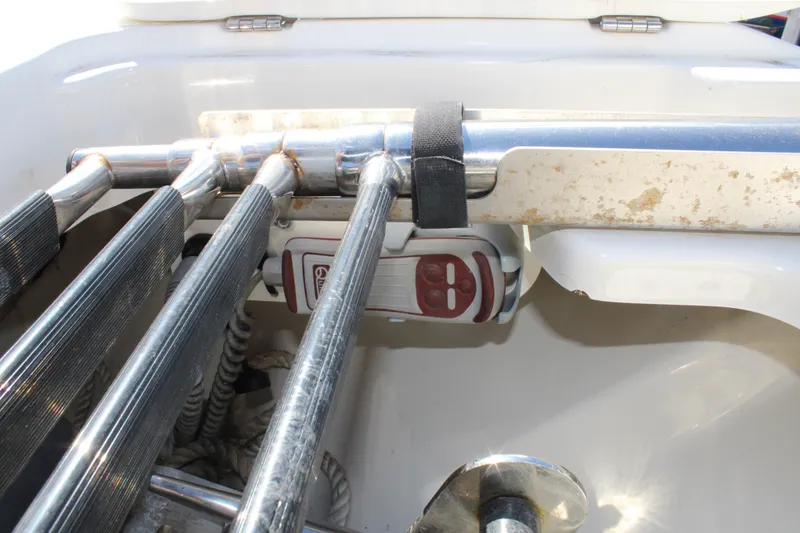 Slide: The Image of 2021 Boston Whaler 320 Vantage boat ladder and safety equipment detail. - 70