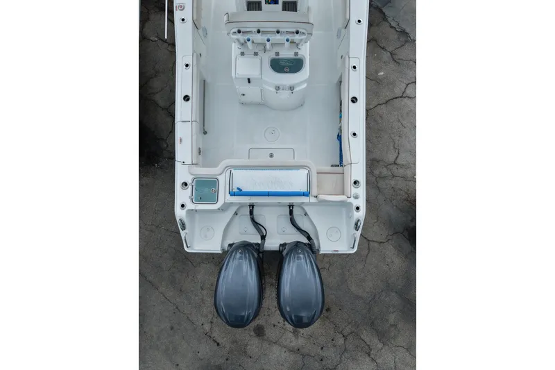 Slide: The Image of 2021 Sea Hunt Gamefish 30 Coffin Box boat, aerial view, dual outboard motors. - 26