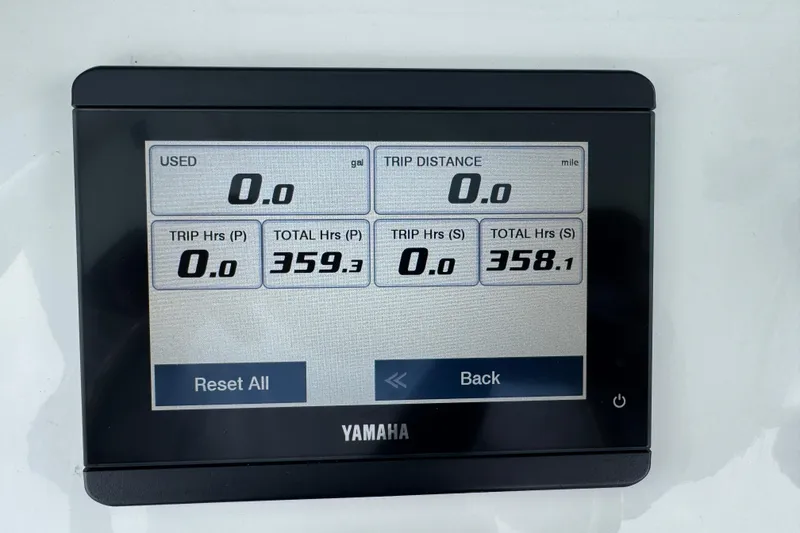 Slide: The Image of Yamaha display showing trip data on 2021 Sea Hunt Gamefish 30 Coffin Box boat. - 29