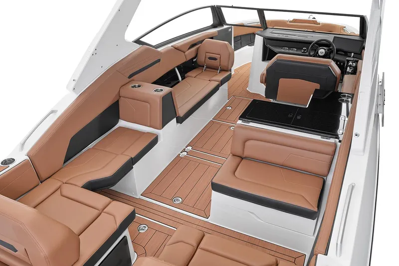Slide: The Image of Manufacturer Provided Image: Luxurious interior of 2026 Yamaha Boats 295SD with elegant brown seating and modern design. - 27
