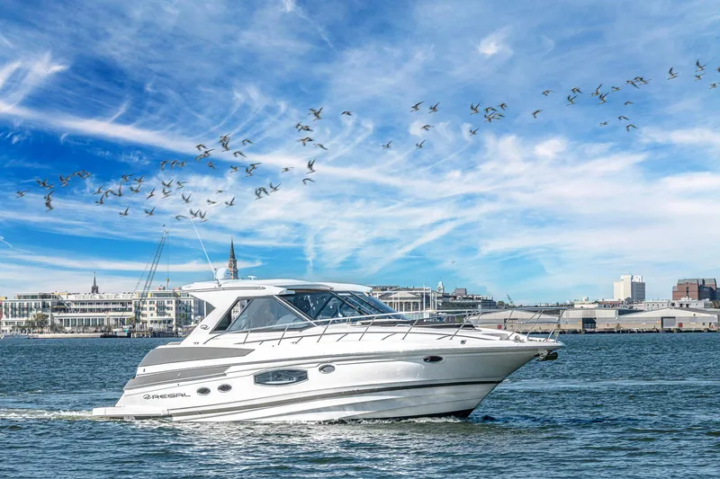 Slide: The Image of 2016 Regal 46 Sport Coupe cruising on water with cityscape and birds in the background. - 52