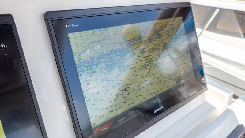 Slide: The Image of GPS navigation screen on 2018 Intrepid 430 Sport Yacht, displaying nautical chart. - 20