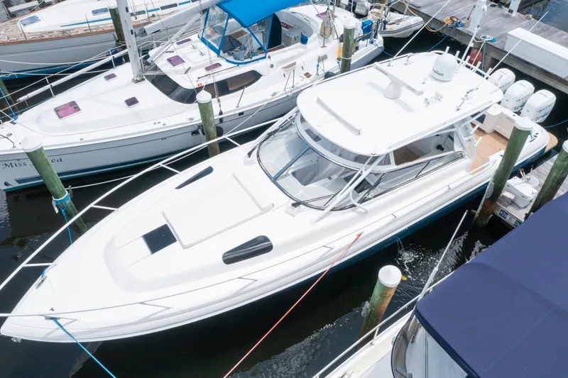Slide: The Image of 2018 Intrepid 430 Sport Yacht docked at marina, aerial view. - 31