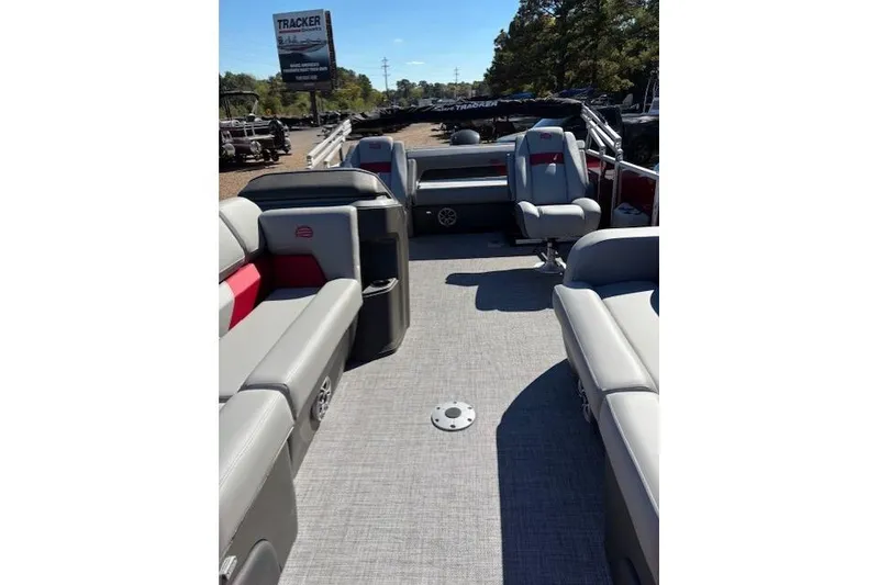 Slide: The Image of 2026 Sun Tracker Party Barge 22 RF DLX interior with spacious seating and modern design. - 5