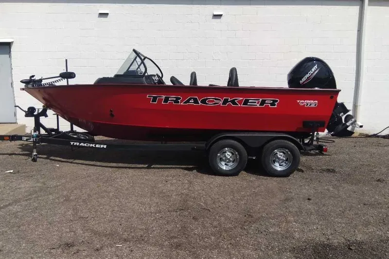 The Image of 2026 Tracker Targa V-18 Combo boat on trailer, red exterior, parked outdoors. - 0