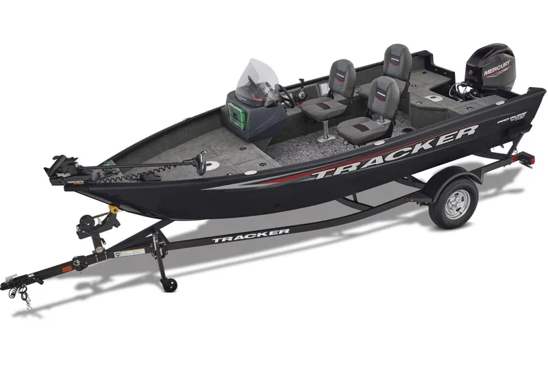 The Image of 2026 Tracker Pro Guide V-16 SC boat with canopy, displayed outside Pro Shops. - 1