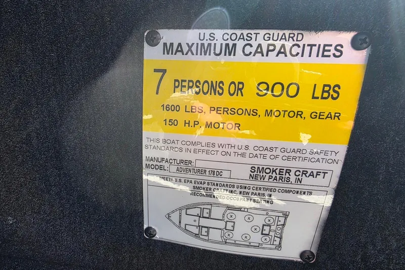 Slide: The Image of 2026 Smoker Craft Adventurer 178 DC capacity label: 7 persons, 900 lbs, 150 HP motor. - 27