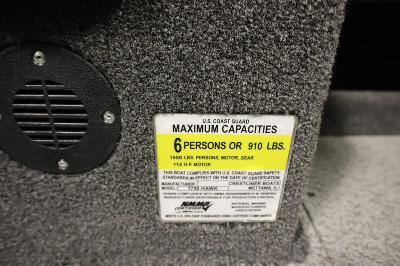 Slide: The Image of 2024 Crestliner 1750 Hawk capacity label, 6 persons or 910 lbs, 115 HP motor. - 32