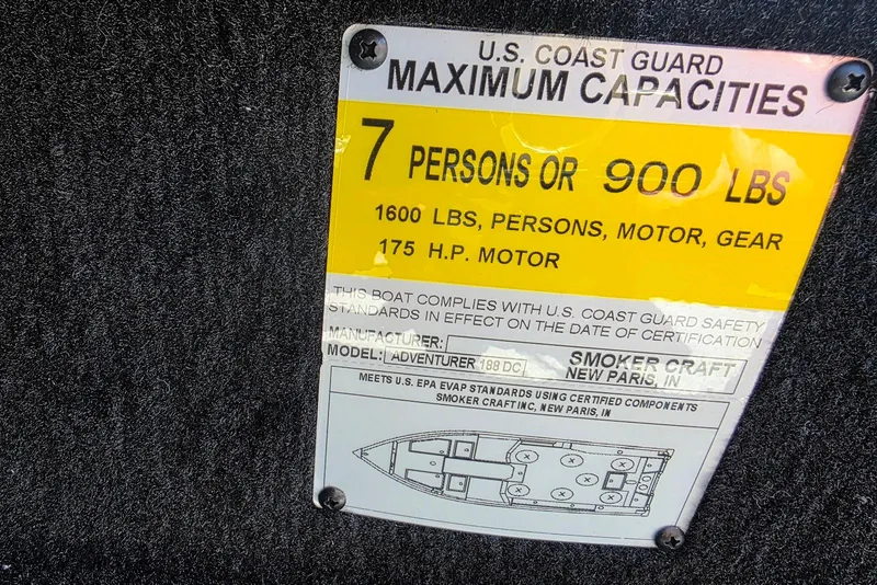 Slide: The Image of 2026 Smoker Craft Adventurer 188 DC capacity plate, 7 persons or 900 lbs, 175 HP motor. - 27