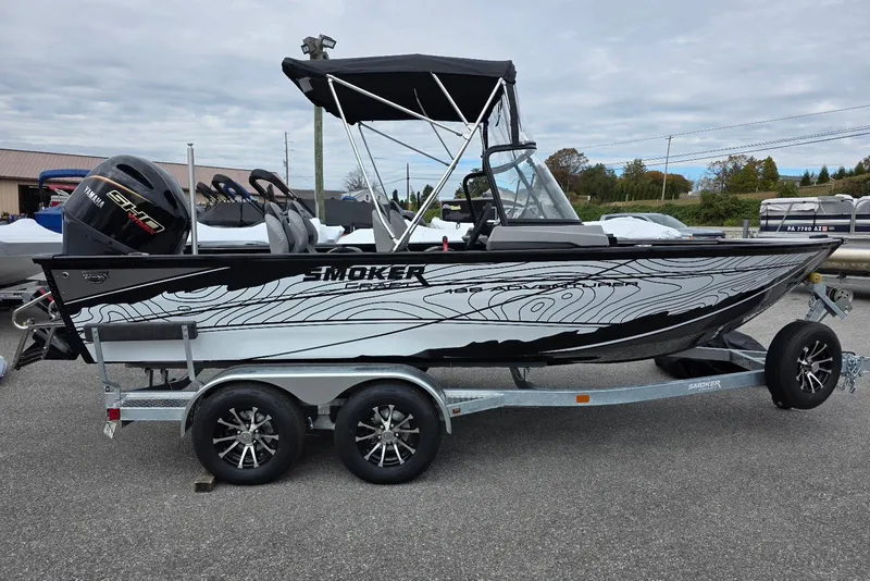 Slide: The Image of 2026 Smoker Craft Adventurer 188 DC boat on trailer, featuring sleek design and Yamaha engine. - 5