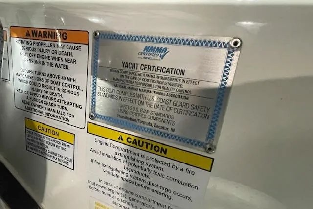 Slide: The Image of 2017 Formula 350 Crossover Bowrider yacht certification and safety warning labels. - 82