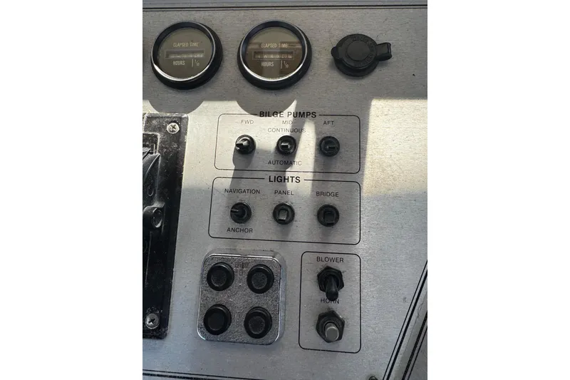 Slide: The Image of 1986 Carver 42 Aft Cabin Motor Yacht deck with railing and equipment. - 16