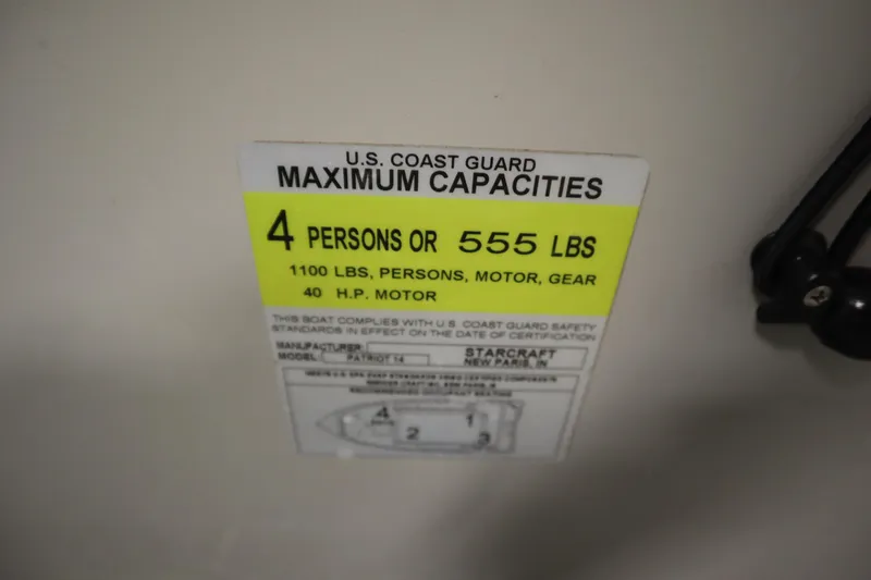 Slide: The Image of 2024 Starcraft Patriot 14 TL capacity label: 4 persons, 555 lbs, 40 HP motor. - 29